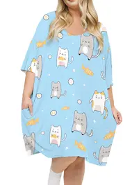 KFUBUO Plus Size Nightgown for Women V-Neck Sleep  Dress Pjs Lounge Short Sleeves Sleepwear With Pocket Fit S-5XL Pajamas Elastic Loungewear Breathable Fabric