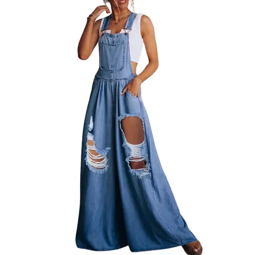 Chouyatou Women's Basic Solid Casual Wide Leg Denim Bib Overalls - Loose, Adjustable Strap, Comfortable, Lightweight, Pocketed for Hot Weather, Style, Outfits, Women's Fashion, Clothes, Jeans, Overalls For Women