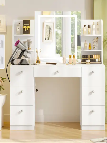 【Assembly video available】VOWNER Modern Makeup Vanity Table Set with 3 Color Lighted Mirror 7 Drawers & Outlet SohoChic