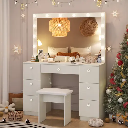 VOWNER 55"Tall Makeup Vanity Desk Set With Power Outlet, 14 Bulbs And Mirror, 7 Drawers,SohoChic