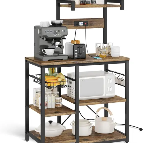 Recaceik Retro Iron Kitchen Baker's Rack - Home Decor Organizer Storage with Power Outlet, Metal Wire Baskets, Hooks, Anti-Slip Footpads, Spice/Pots and Pans Organization, Indoor Standing Utility Shelf (Assembly Required) sohochic