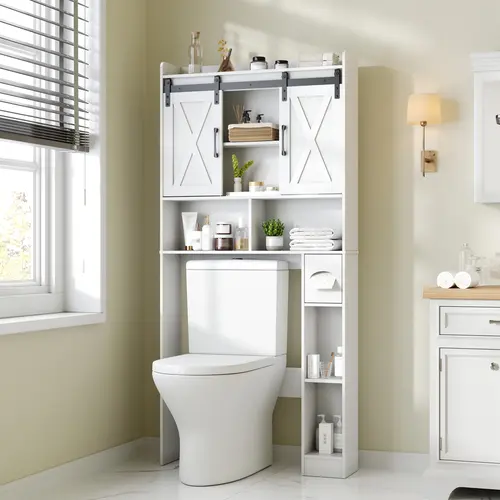 [SohoChic] Vabches Farmhouse Over-The-Toilet Wood Storage Cabinet with Sliding Doors, Adjustable Shelves, Space-Saving Rack for Bathroom Toiletries & Decor