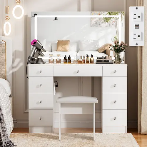 VOWNER Makeup Vanity Desk with Lighted Mirror ,9 Drawers, Soft Cushioned Stool for Bedroom