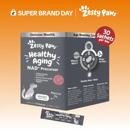 Zesty Paws Healthy Aging Supplement Powder, NAD+ Precursor Cellular Metabolic Heart Brain and Skeletal Muscle Support for Dogs - 30 Sachets