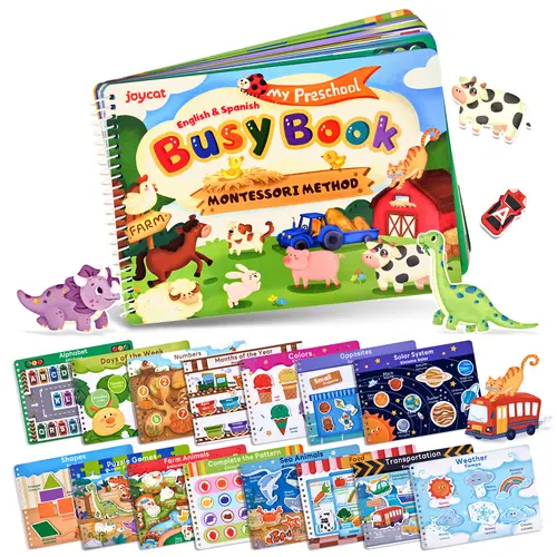 JoyCat Preschool Montessori Busy Book for Kids - Language Sensory Toy, Busy Board, Alphabet Flashcards, Color Recognition, Counting Games, Farm Animals Matching, English & Spanish Version, Daily Life Themes, Autism Learning Material, Activity Sensory Boar