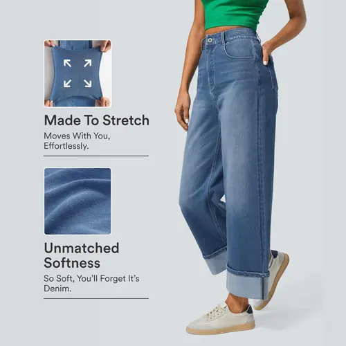 Halara Flex High Waisted Pockets Rolled Hem Wide Leg Washed Casual Jeans #BackToSchool