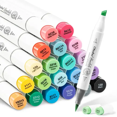 Ohuhu Alcohol Markers: Brush& Chisel / Fine - 24 Colors for Adult Coloring Refillable | AP Certified Refillable Art Marker Set Dual Tips Alcohol-based for Artist Beginner Drawing Illustration Sketching, New Look, Honolulu 2 & 2B Series of Ohuhu