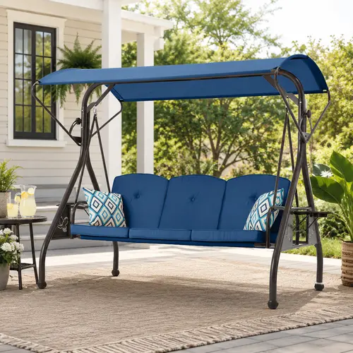 【SohoChic】ZZW Classic Heavy-Duty Metal 3-Seat Outdoor Swing Chair with Stand, Adjustable Sun Protection Canopy, 2-in-1 Porch Swing Bed, Waterproof Rustproof Patio Yard Floor Set (Includes 2 Free Outdoor Foam Cushions, Butterfly Design Accents)