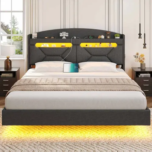 Sikaic Floating Bed Frame Full Size with Type-C Charging Station & Storage Headboard, RGB Floating Platform Bed, No Box Spring Needed, Wooden Slats Support, Dark Grey, Home Furniture Christmas Gifts [SohoChic]