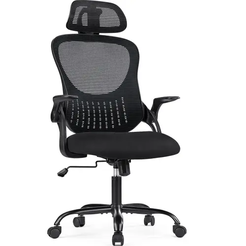Sweetcrispy Ergonomic High-Back Mesh Swivel Office Chair - Furniture with 360-Degree Rolling Wheels, Adjustable Headrest, Lumbar Support, Flip-Up Arms for Supportive Sitting, WFH Setup, Work from Home Use