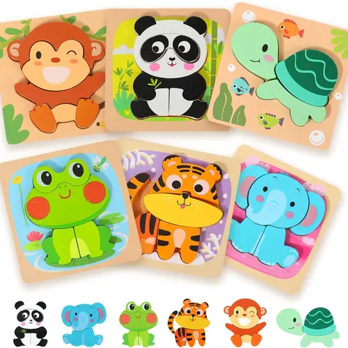 edutree Wooden Jigsaw Puzzles for Toddlers 1-4, 6-Pack Round Animal Shape Recognition Puzzles with Rounded Edges, CPSC-Certified Montessori Unisex Kids Toys Enhancing Hand-Eye Coordination, Educational Christmas Gifts, Wooden Jigsaw Puzzle, Easter,sohochi