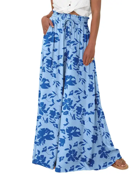 BTFBM Women Casual High Waist Wide Leg Pants Summer Floral Solid Long Palazzo Pants Lounge Beach Trousers with Pockets