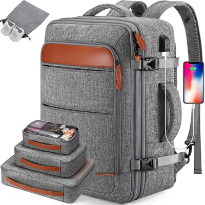 BAGSURE Hidden Shoulder Straps Travel Backpack 42L No Wheels Flight Approved Expandable Luggage Backpack with 3 Packing Cubes for Women Men, Backpacks For School, Personal Item Travel Bag