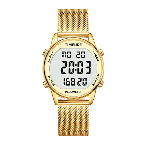TIMEURE Women's Elegant Wearable Digital Fitness Tracker Watch - Stainless Steel Bracelet Buckle, No App, Golden, Step Counter, Calorie Tracker, Distance Monitor, Alarm, Countdown Timer 2401, Travel Essentials, Dorm Essentials sohochic