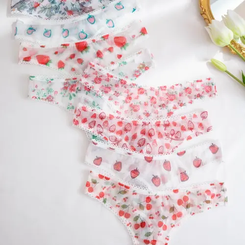 Women's Floral & Strawberry & Cherry Print Sheer Tulle Thongs, Cute Aesthetic Fitted Soft Lightweight Comfy Breathable Knicker for Daily Wear, Ladies Underwear for All Seasons, Panties, Womenswear, Soft Breathable Panty