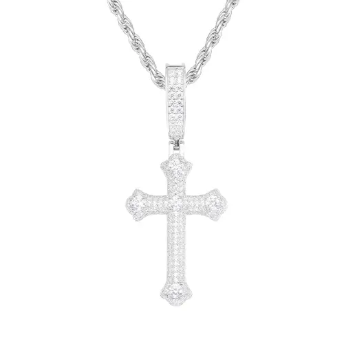UCCIYO S925 Sterling Silver Cross Design Necklace - Synthetic Moissanite Micro-Inlay Pendant, Male Hip Hop Jewelry, Statement Religious Chain, Cool Gifts for Guys【#P439】
