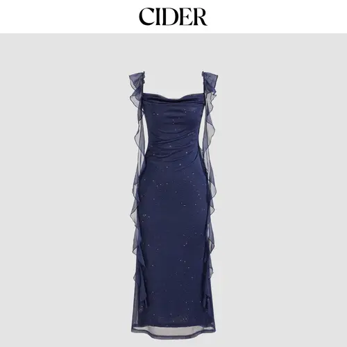 Cider Cowl Neck Solid Glitter Ruffle Hem Maxi Dress – Lined & Light Weight Sleeveless SohoChic