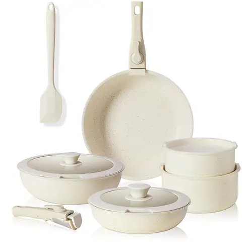 Sweet Furniture F Nonstick Pots and Pans Set - Removable Handle Cookware Sets with Lid, Ergonomic Design, Beige Kitchenware, Fast Wipe-Clean, for Home Cooking