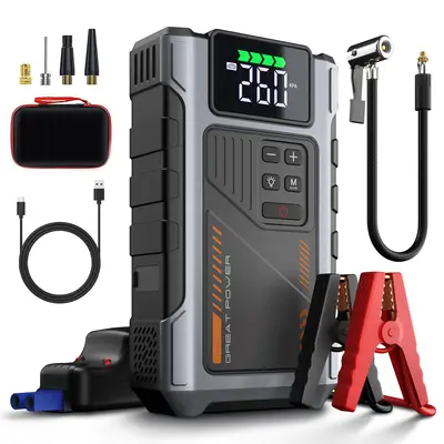 Portable Car Jump Starter With Air Compressor 5000A Peak (8.0L Gas, 6.5L Diesel) With 150 PSI Tire Inflator,15000mAh 12V Car Battery Jump Power With LED Light W100 portable jumpstarter batterycharger, Car Accessory, Automotive Tool Kit