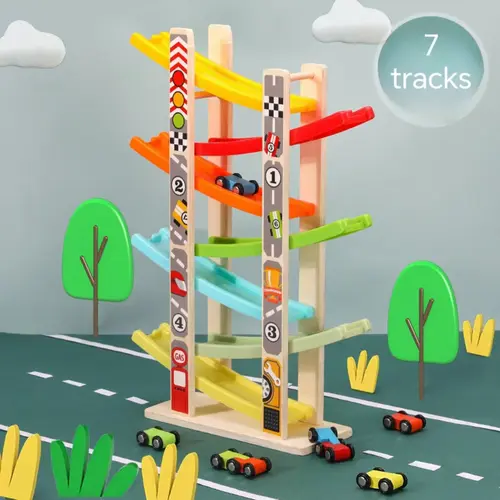 EDUTREE Wooden Ramp Racer Toddler Toy Set - 7 Tracks, Mini Vehicles, Montessori-Inspired Playset, Tricycle, Remote Control RC Model - Gift for Girl, Mother's Day (Toys & Hobbies),sohochic