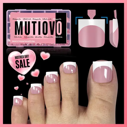MUTIOVO French Tip Toe Nail Tips Press on Sharp Square Pre-Designed Soft Gel False Toenail Extension BERRY PINK Pre-applied Tip Primer Base Coat Full Cover Acrylic for DIY x 15 Sizes 240 pcs 【Does not include builder gel, top coat, glue, or nail lamp】, Na