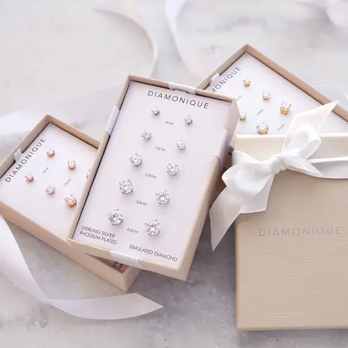 Diamonique Set of 5 Stud Earrings, Sterling or 14K Plated, Box