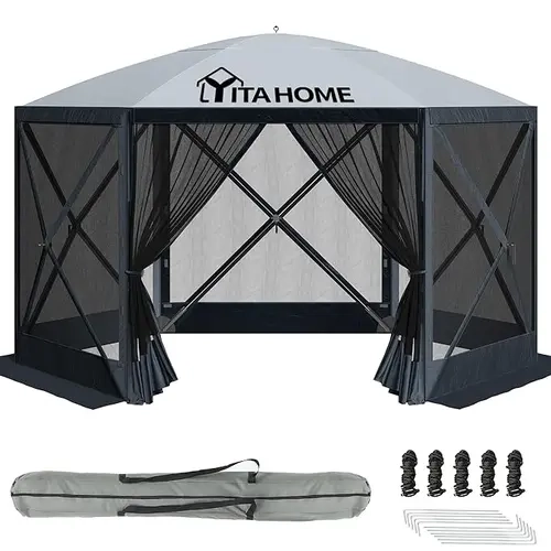 YITAHOME 11.5x11.5ft Portable Hexagon Pop Up Camping Gazebo - 6-Sided Screen Tent with Mesh Windows, Support Rods, Zipper, Velcro, Sun Protection, Carry Bag, Iron Frame Adds Stability, 1-Click Open | Sunshade Canopy for Backyard Parties, Picnic