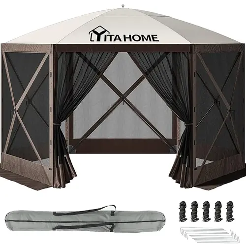 Yitahome 11.5x11.5ft/12x12ft Camping Gazebo, Portable Pop Up Canopy Outdoor Screen Tent 6/8 Sided with Mesh Windows for Camping, Picnic, Backyard Party Outside Activities