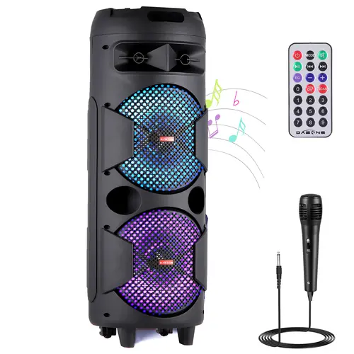 DAZONE Portable Wireless Bluetooth Audio Speaker, 2x 8-in Plastic Subwoofers, Rechargeable Device with Microphone, Remote Control, AUX, FM, LED, SD Card for Indoor-Outdoor Parties