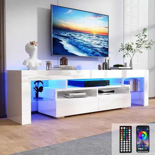 70"/86" Modern LED TV Stand, High Gloss Black Entertainment Center for Large Screen TVs, RGB Lights, Storage Drawers & Cabinets