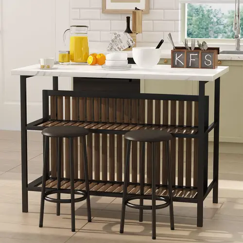 Recaceik 47.2" Industrial Counter Height Kitchen Island Dining Set - Rectangle Top, 2 Backless Counter Chairs, Storage, Home Bar, Apartment Furniture for Modern Home Interiors,sohochic