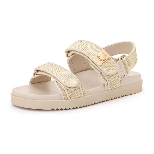 Rihero Women's Leather PU Flat Sandals - Adjustable Double Band Strapy Casual Sandals with Breathable Light Footbed, Slip-On Summer Walking Footwear for Outdoor Use,sohochic