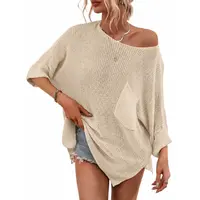 Chouyatou Women's Comfy Oversized Batwing Short-Sleeve Knitting Pullover, Spring-Summer Beach Holiday Crochet Sweater Top with Stylish Design, Style, Pocket,back to school,back to school shopping, Skinny, Skirt