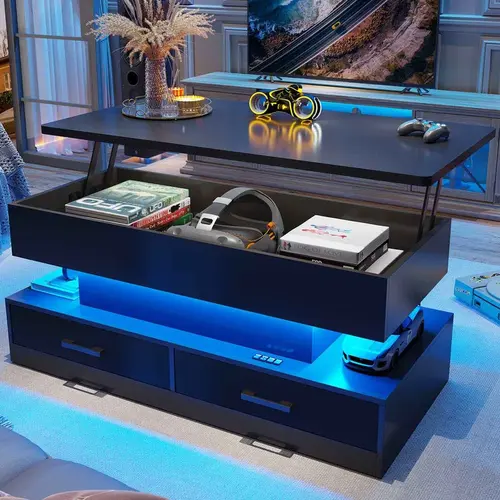 Sikaic 40" Lift Top Coffee Table, Coffee Tables with Storage for Living Room, Small Coffee Table with 2 Drawers & LED Light for Dining and Reception Room, Home Furniture Christmas Gifts [SohoChic]
