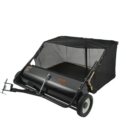 【toolupgrade】VEVOR Tow Behind Lawn Sweeper, 50 inch Portable Garden Cleaning Tool with 26 cu ft Capacity, Folding Handle, Toolfree Height Set, Brush Adjustment, Dumping Rope, for Sidewalks/Drives