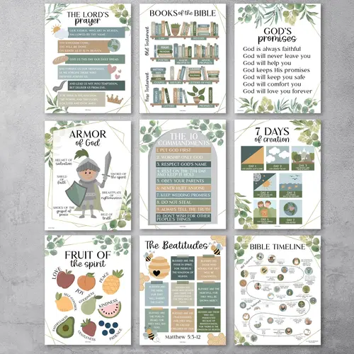 Hadley Designs 9-Piece Bible Scripture Wall Art Set - 11x14 in Unframed Bright Art Print, 11x14 Wall Fit Sunday School Classroom Theme Set Home Religious Decor