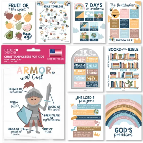 Hadley Designs Laminated Bible Posters Set (9, 11x14) - Homeschool Supplies, Bible Study Supplies for Sunday School Christian Classrooms, Kids' Scripture Learning Charts