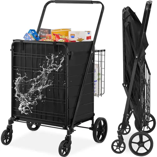 【Summerfinds】VEVOR Collapsible Foldable Wagon Folding Grocery Shopping Cart with Removable Waterproof Liner, 330LBS Capacity, Dual Basket, 360° Swivel Wheels, Dense Metal Mesh Base, Metal Frame, Pre-Assembled, 19.1''x15.2''x19.9'' Heavy Duty Utility Cart,
