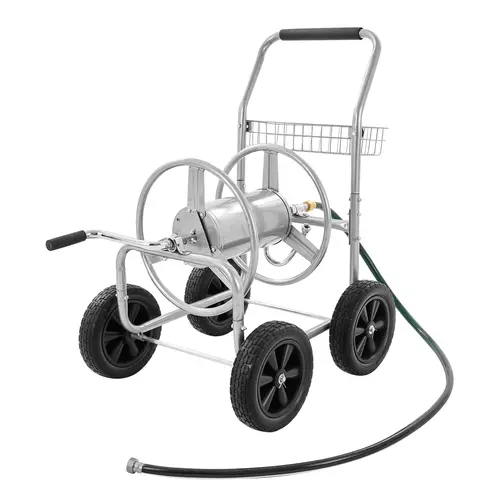 【toolupgrade】VEVOR Heavy-Duty Powder-Coated Steel Frame Hose Reel Cart - 300 ft/5/8 in Capacity, Tangles-Free Roll, 4 Solid PU Wheels, Storage Basket, Brass Components for Cleaning, Watering Systems, Powder Coating