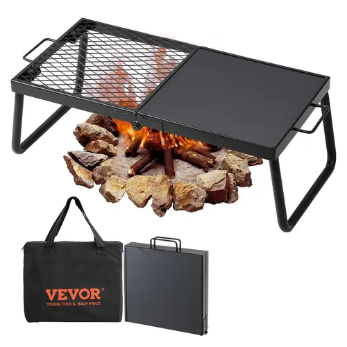 Outdoorgear 22.4 Inch Rust-proof Steel Portable Camp Kitchen, Folding Half Grill & Griddle Combo - Heat-resistant for Campfire/BBQ Party, Picnic, Open Flame Cooking with Carry Bag, Camping Accessories,toolupgrade
