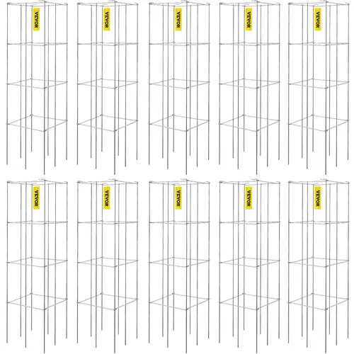 【toolupgrade】VEVOR 10-Pack Square Foldable Tomato Cages, 11.8"x11.8"x46.1" Silver PVC-Coated Steel Metal Trellis, Vertical Planter Tower, Fruit Stays Off, Folds to 1/4 Width, Climber Supports, Great for Balcony Gardens, Netting-Compatible Garden Accessory