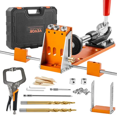 【toolupgrade】VEVOR 34-Pcs Pocket Hole Jig Full Set with 11" C-Clamp Handle, Step Drills, Wrenches, Stop Rings, Square Drive Titanium Bit, Toolbox, Adjustable Hand Tool Accessories for DIY Carpentry Work, Drill Attachment Jigs