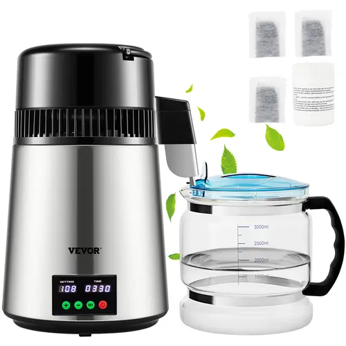 【toolupgrade】VEVOR 1.1 Gal 304 Stainless Steel Countertop Water Purifier Distiller - 0.3 Gal/H 750W Unit, 0-99H Timing, Temp Display, Glass Carafe, Cleaning Powder, 3 Carbon Packs, Filter Cartridge, Silver Transparent Water Tank, Activated Carbon, Temp Co