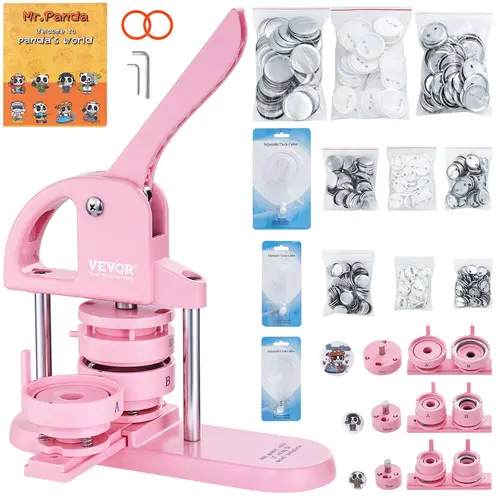 VEVOR 3-IN-1 High-Strength ABS Body Button Maker Machine, 1/1.25/2.28in (25/32/58mm) Pin Maker, 300pcs Button Parts, Ergonomic Arc Handle Punch Press Kit, Magical Panda Book Sparks Creativity, for Handmade Crafts Making, Pink Children DIY Gift,toolupgrade