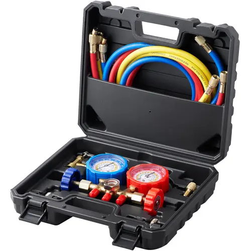 【toolupgrade】VEVOR 3 Way AC Manifold Gauge Set - 1 x 3 Valve Gauge Automotive Repair Tools Heavy Duty Complete Kit for R134A R22 R12 R502 Refrigerant, 5ft Hoses, Couplers, Can Tap, ±1.6% Error for Car Auto Freon Charging & Evacuation