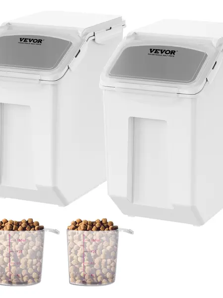 VEVOR 2-Piece Stackable Airtight Canine Food & Snack Container Set, Polypropylene (PP) Bins with Ingredient Dispenser, Variable Sizes, Measuring Cups, Attachable Casters, Side-Locking Lids, Top Holds Seasonings, Space-Saving Spill-Free Organizer,toolupgra