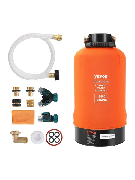 VEVOR Portable RV Water Softener - 16,000 Grain, 3/4" Brass Fittings, 42" Hose, Water Cleaner Purifier, 150 PSI Pressure, Ergonomic Handle, Easy Carry, Portable Size, Outdoor for RVs, Trailers, Fits Rvs And Trailers,toolupgrade