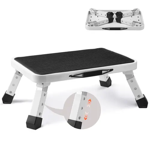 【toolupgrade】VEVOR 1-Step Folding Steel Step Stool with 330lbs Weight Capacity, 3 Adjustable Heights, Non-Slip Sturdy Design, Compact Build, Side Handle for Seniors, Kid Room, Bathrooms