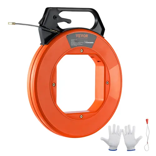VEVOR 125-ft 3/16-in Diameter PET Fish Tape Wire Puller, Non-Conductive ABS Casing, Thick Handle, Optimized Stable Housing, Smooth Steel Head, Nickel Steel Glide, Indoor Use Tool for Walls, Electrical Conduit,toolupgrade
