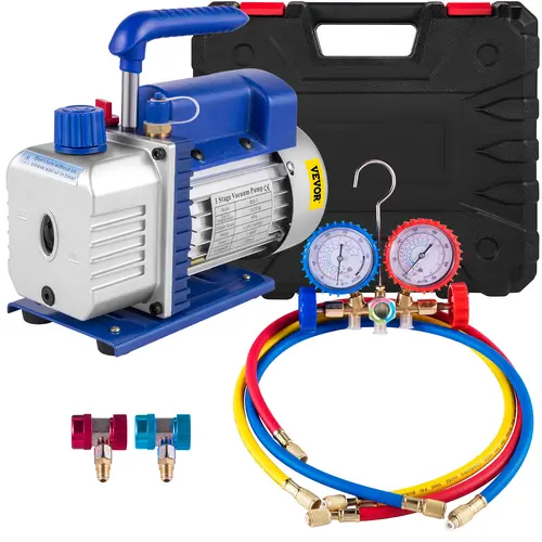 VEVOR Heavy Duty 3CFM 1/4HP Single Stage Air Vacuum Pump HVAC Kit - Full Set with AC Manifold Gauge, R134a Can Tap, Oversize Sightglass, Thermal Safety, Dual Gauge Read, Carrying Tote for R12/R22/R410a Refrigeration,toolupgrade